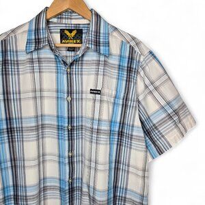 Avirex Button Up Shirt Men's Blue Plaid Military Inspired Pocket Spell Out L